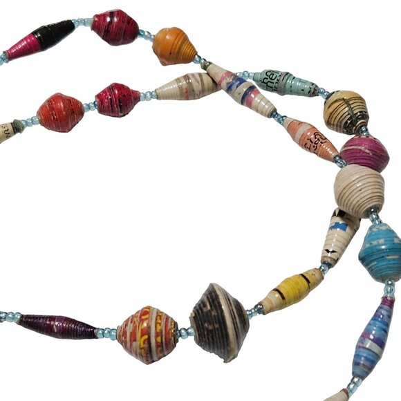 Handmade Boho Recycled Paper Bead Necklace Eco Friendly Fashion Jewelry Women - Picture 2 of 5